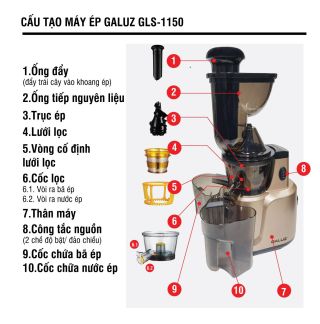 Máy ép chậm GALUZ GLS-1150 2 trong 1, vừa ép, vừa vắt cam