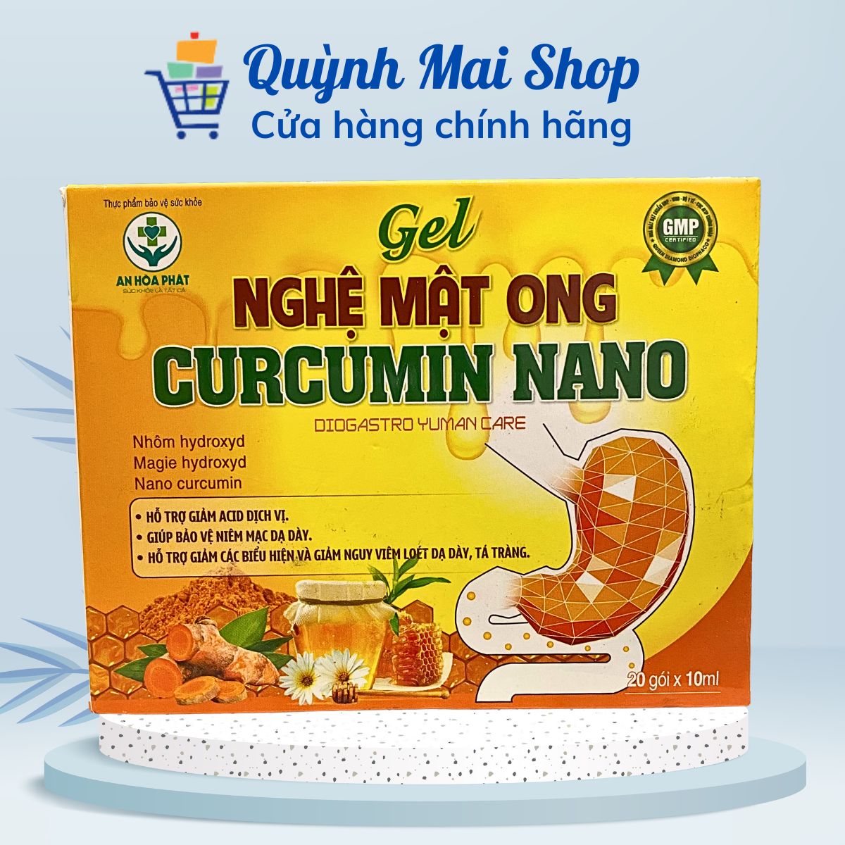 Gel nghệ mật ong Curcumin giảm acid dịch vị, giúp bảo vệ niêm mạc, giảm viêm loét, trào ngược dạ dày - Hộp 20 gói x 10ml